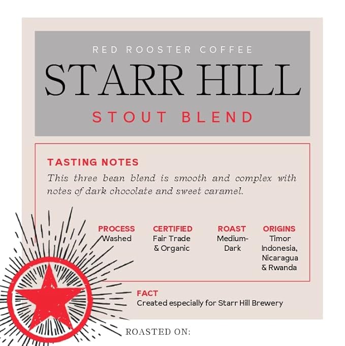 Red Rooster Coffee Organic Starr Hill Stout Coffee – Medium-Dark Roast Whole Bean – Notes of Dark Chocolate Praline &amp Citrus – 5LB – USDA Organic Fair Trade