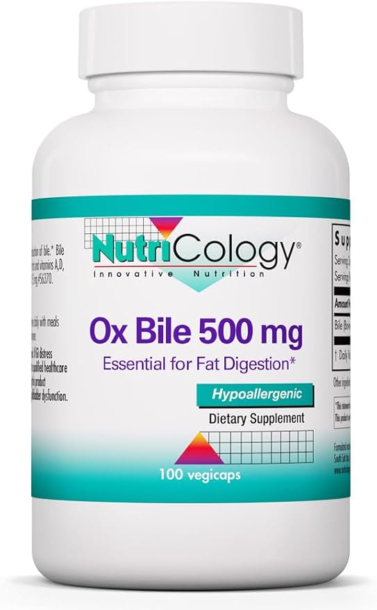 NutriCology Ox Bile 500 mg - Supports Fat Digestion - Delivers 500 mg Concentrated Bile Salts per Serving - Hypoallergenic &amp Vegetarian - 180 Servings - 180 Capsules