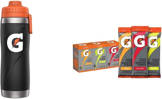 Gatorade 26oz Stainless Steel Bottle Black+Gatorade Thirst Quencher Powder Sticks 3 Flavor Variety Pack (30 Pack)