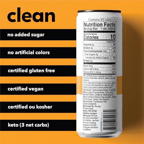 Tru Energy Seltzer Sparkling Water with Natural Caffeine Orange Mango Juice Green Tea Extract &amp B Vitamins Lightly Carbonated Energy Drink Gluten Free Vegan Low Calorie 12 FL OZ Cans 12 P
