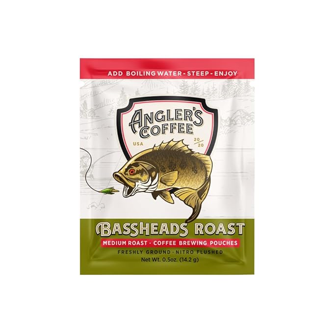 Angler’s Coffee Bassheads Single Serve Med-Roast Fresh Brew Coffee Pouch - Carefully Roasted Freshly Ground &amp Nitro-Flushed Quality Coffee - Just add Water - 10 ct
