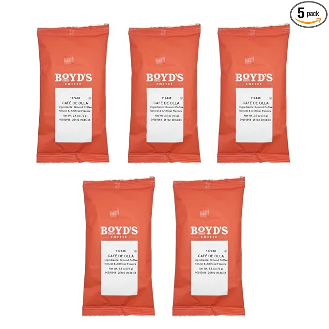 Boyd's Café de Olla Ground Coffee 5/2.5oz Pre-Portioned Packets - 12.5oz Total - Cane Sugar and Cinnamon Spice