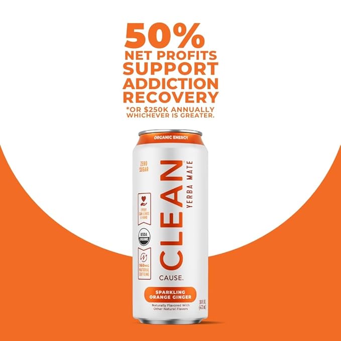 CLEAN Cause Zero Sugar Orange Ginger Yerba Mate Tea Sparkling USDA Organic Energy Drink Alternative Zero Calorie 160mg Natural Caffeine Soda Alternative Plant-Based (16oz cans 12-Pack Case)
