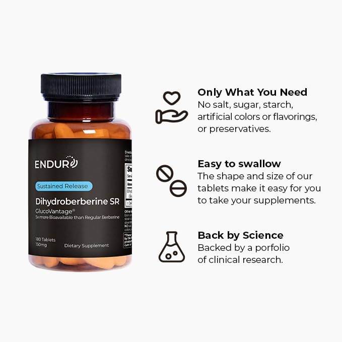Endur Dihydroberberine SR Helps Support Blood Sugar Health Metabolism &amp A Healthy Weight Gluten Free 150mg (180 Tablets)