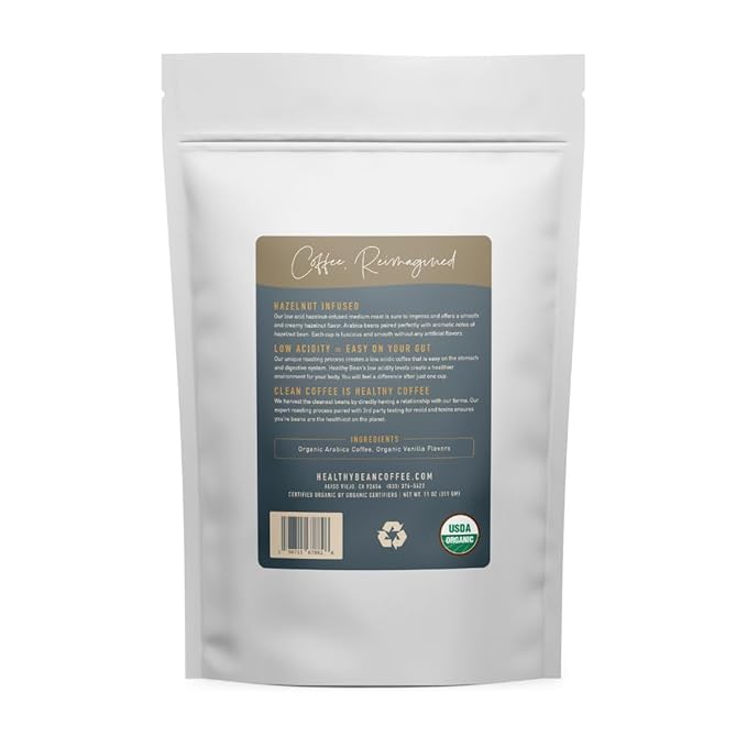 Healthy Bean Organic Ground Coffee Hazelnut Infused - Low Acid Coffee for Sensitive Stomachs - Medium Roast Blend USDA Organic Smooth and Creamy Roasted Hazelnuts Flavor 11oz