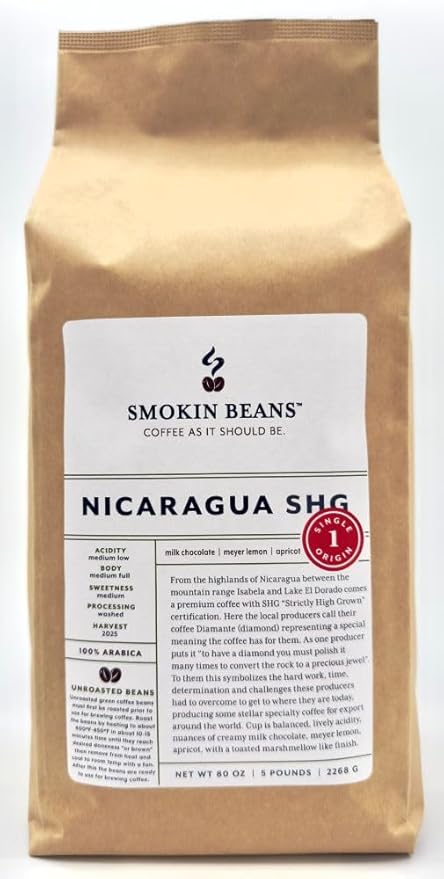 5-pound Nicaragua (Unroasted Green Coffee Beans) premium Arabica beans grown Central America fresh current-crop beans for home coffee roasters specialty-grade coffee beans includes a free burlap bag