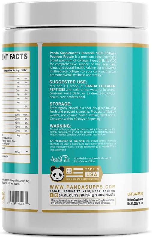 Underground Bio Labs: Panda Supps Hydrolyzed Grass-Fed Multi Collagen Peptides (Types I II III V and X) (30 Servings Unflavored)