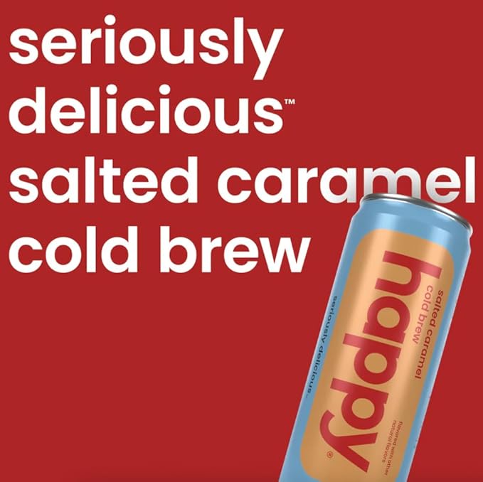 happy coffee salted caramel cold brew 11 oz. cans 12 pack notes of brown sugar &amp brilliance 100% arabica beans no artificial flavors or artificial sweeteners