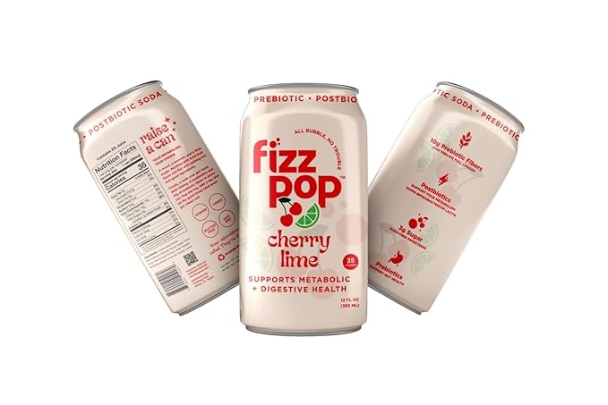 Fizz Pop Metabolic Sparkling Postbiotic and Prebiotic Soda Pop Gut Health Seltzer Water Fiber Drink Metabolism Booster Cherry Lime Flavor 12 oz Cans (Pack of 12)