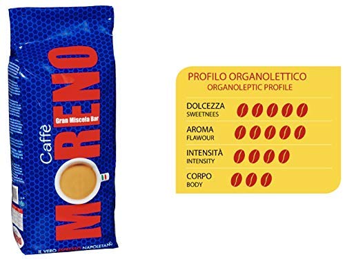 GRAN MISCELA BAR Roast CAFFE MORENO USA. Premium Blend Whole Bean 1Kg. 2.2 Pound Made in Italy il Vero espresso Napoletano.