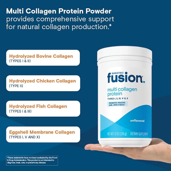 Bariatric Fusion Unflavored Multi Collagen Protein Powder | Hydrolyzed Collagen Peptides Powder Plus Joint Support Complex of MSM and Glucosamine | Type 2 | Dairy Gluten &amp Soy Free | 30 Servings
