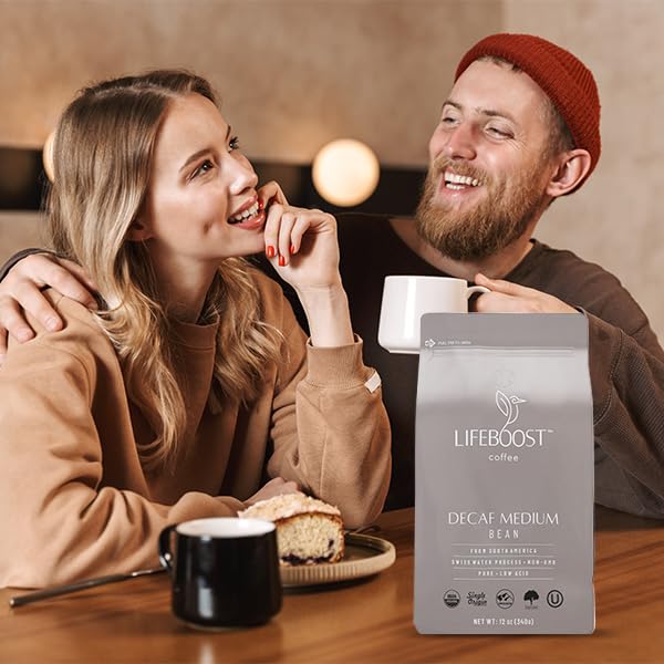 Lifeboost Medium Roast Swiss Water Decaf Whole Bean Coffee - Low Acid Organic Decaf Coffee Non-GMO USDA Organic Single Origin Third-Party Tested for Mycotoxins &amp Pesticides - 12 oz Bag