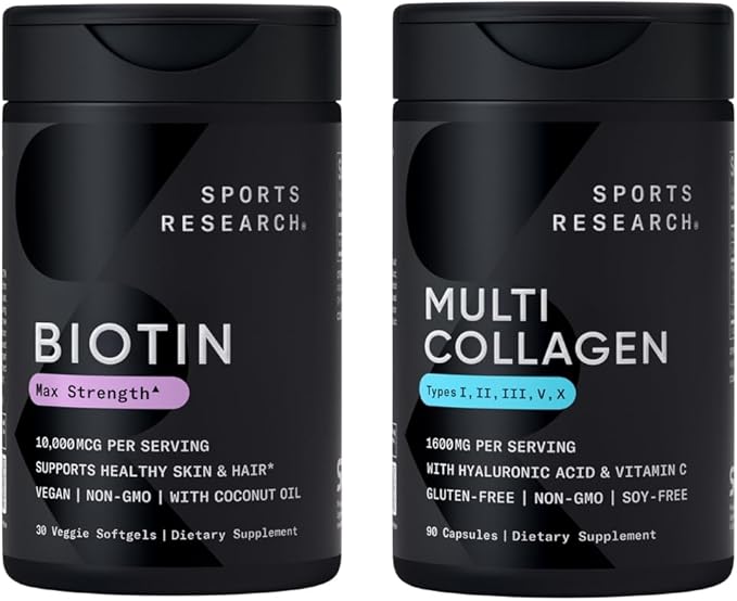 Sports Research® Healthy Hair Essentials - Biotin 10000mcg with Organic Coconut Oil Vitamin B7 for Healthy Skin and Hair Support + Multi Collagen Pills Peptides with Hyaluronic Acid &amp Vitamin C