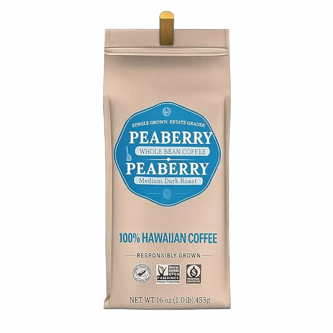 Hawaiian Peaberry Coffee Beans - Medium Dark Roast - 100% Kona Single Origin - Non-GMO Whole Bean Coffee - 16oz Premium Fresh Roasted