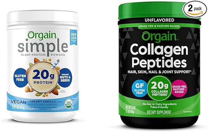 Orgain Organic Simple Vegan Protein Powder Vanilla with Collagen Peptides Powder - Plant Based Protein Hair Skin Nail Joint Support - 1.25lb 1lb