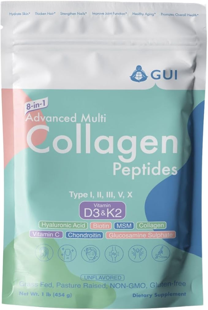 8in1 Advanced Multi Collagen Peptides 16 Oz - Hydrolyzed Protein | Type I II III V X with Vitamin D3 &amp K2 Hyaluronic Acid Biotin Vitamin C MSM Glucosamine Sulphate &amp Chondroitin - Un