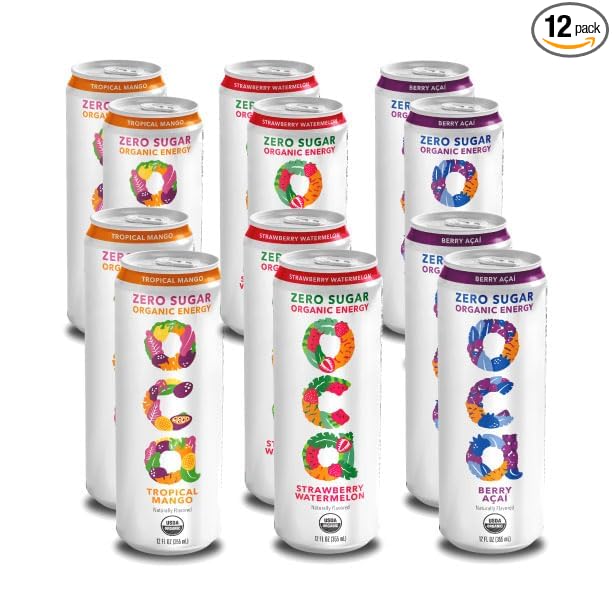 OCA ZERO 3-Flavor Variety Pack (Berry Acai Tropical Mango Strawberry Watermelon) Organic energy drink zero sugar gluten-free vegan plant-based 12 Fl Oz (12-pack) (12 Fl Oz 3-Flavor Variety Pac