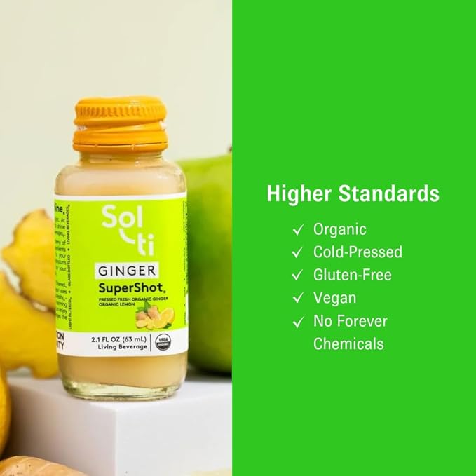 Sol-ti Organic Ginger SuperShot Drink Aids Digestion Circulation and Cleansing SuperFood Cold-Pressed Apple and Lemon Juice Blend 12 Pack (2.1 Fl oz)