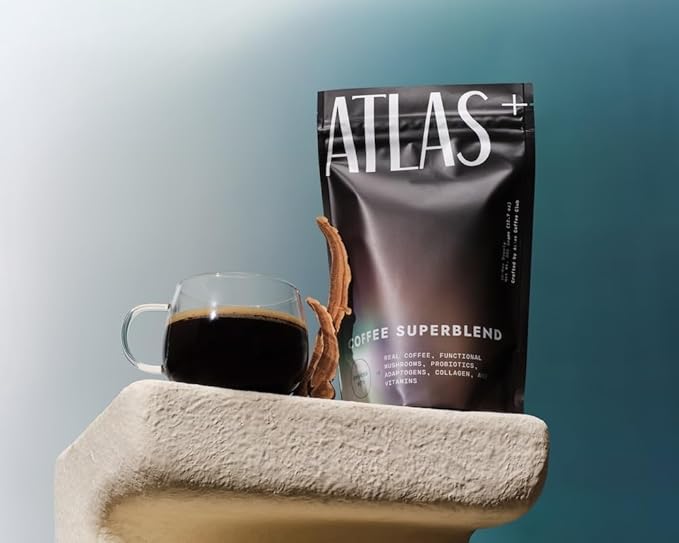 Atlas+ Mushroom Coffee Superblend– Premium Coffee with Collagen Probiotics D3 &amp B12 Lion’s Mane Reishi Cordyceps– for Energy Focus Immunity &amp Gut Health– 28 Servings (1 Bag)