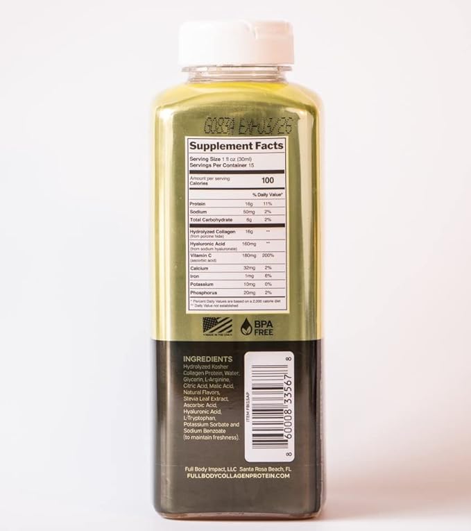 Liquid Collagen Protein w/Hyaluronic Acid &amp Vitamin C - Gold Edition (Apple) 16000mg (16g) Hydrolyzed Collagen Peptides for Healthy Hair Skin Nails &amp Joints - 15oz Bottle