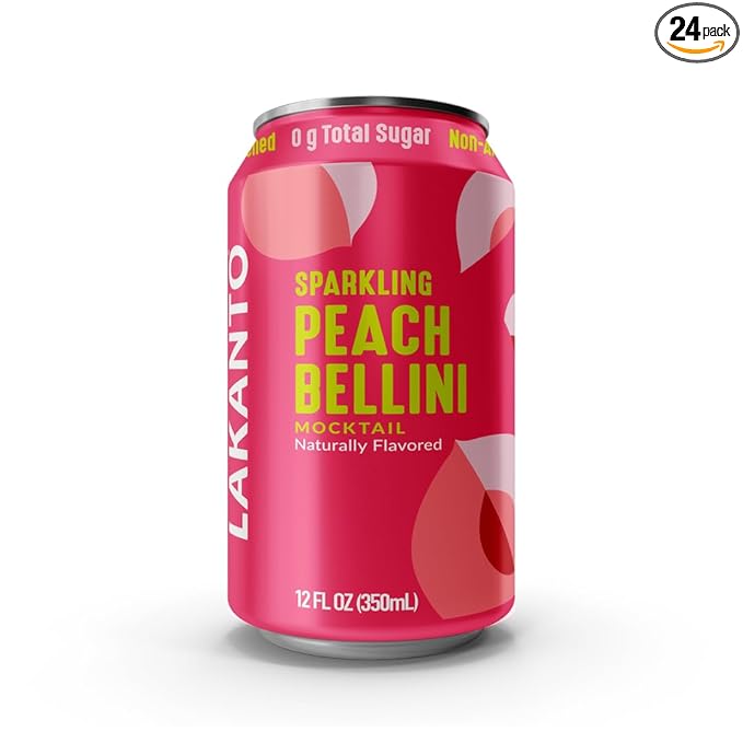 Lakanto Sparkling Peach Bellini Mocktail Non Alcoholic Drink - 0g Sugar Naturally Sweetened with Monk Fruit &amp Allulose Ready to Drink Better for You Soda Pop (24 Pack)