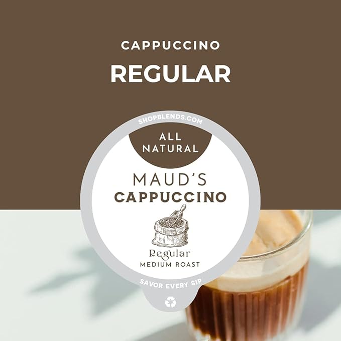 Maud's Classic Cappuccino Coffee Pods (Medium Dark Roast) 16ct. Solar Energy Produced Recyclable Single Serve 1 Step Cappuccino Pods 100% Arabica Coffee Milk and Sugar Included KCup Compatible