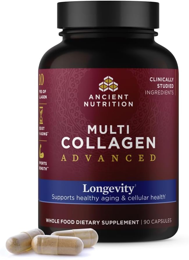 Ancient Nutrition Multi Collagen Advanced Longevity with Probiotics Hydrolyzed Collagen Peptides Promotes Healthy Aging and Cellular Energy 90 Count