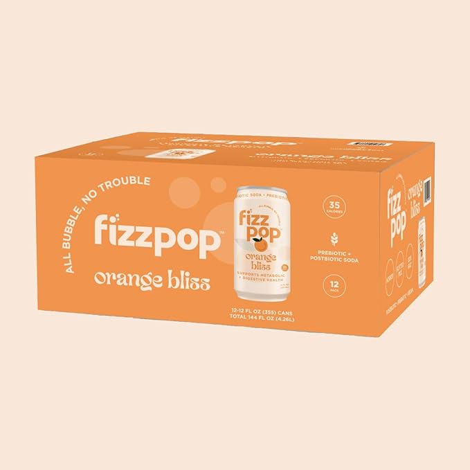 Fizz Pop Metabolic Sparkling Postbiotic and Prebiotic Soda Pop Gut Health Seltzer Water Fiber Drink Metabolism Booster Orange Bliss Flavor 12 oz Cans (Pack of 12)