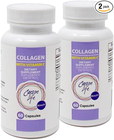 Carson Life Collagen with Vitamin C (2 Pack) - Hydrolyzed Collagen Supplement - Supports Hair Skin &amp Nails - Dietary Supplement - Made in USA - 60 Capsules Each