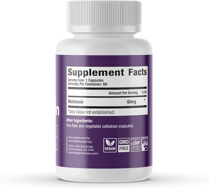 60 mg High Dosage Melatonin Supplement - Extra Strength High Potency Sleep Support Vegan Non-GMO Made in USA Easy-to-Swallow Capsules 180 Count (180 Servings)