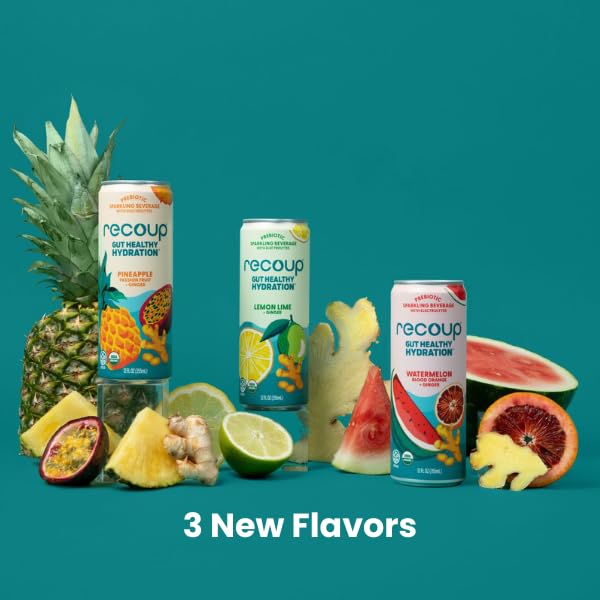 Recoup Organic Sparkling Prebiotic Drink - Variety + Ginger with Electrolytes for Gut Health Support &amp Hydration No Added Sugar ((Pack of 6) Variety)
