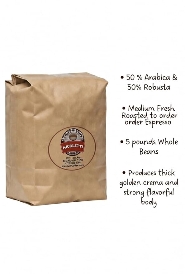 Nicoletti Coffee Old School 1972 Espresso Roast 50% Arabica 50% Robusta Medium Roast Whole Bean 5 Pounds