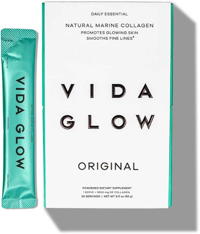Vida Glow Marine Collagen Powder - Anti Aging Supplement with Collagen Peptides Promotes Glowing Skin Strong Nails Healthy Hair | 30 Servings Original Flavor