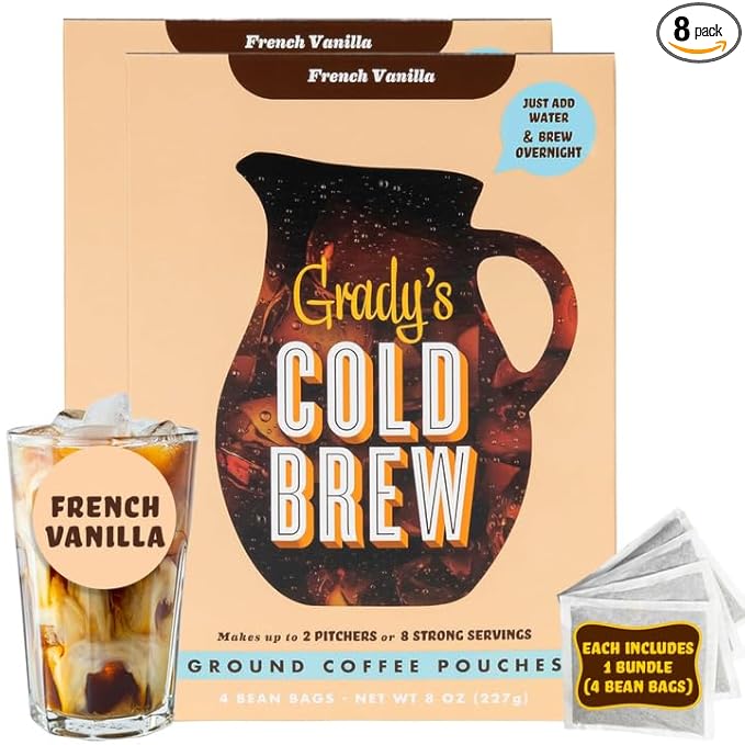 GRADY’S COLD BREW French Vanilla 100% Arabica Ground Coffee &amp Chicory Pouches TWO Bundles of 4 Easy-to-Brew Bean Bags Makes 24 drinks