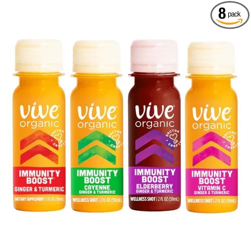 Vive Organic Immunity Boost Shot Sampler Pack | Immunity Boost Original | Immunity Boost Cayenne | Immunity Boost Elderberry | Immunity Boost Vitamin C (2oz shots pack of 8)