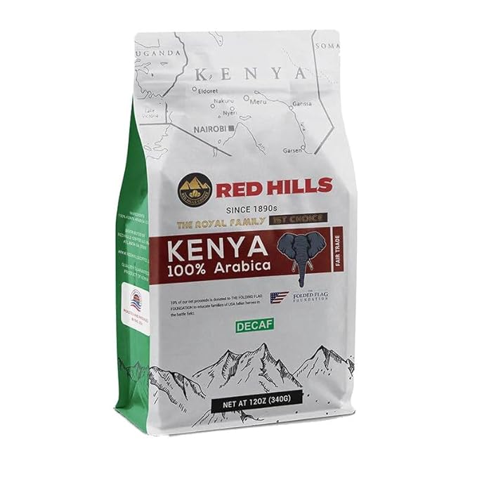 RED HILLS KENYA DECAF ROAST Coffee 100% Arabica Fresh Roasted Coffee (Bean 12 OZ)