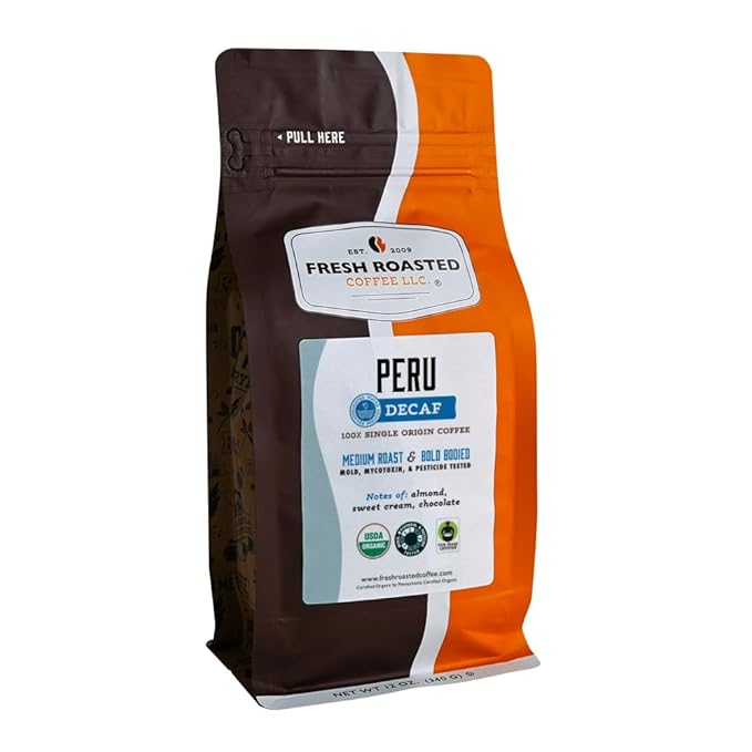 Fresh Roasted Coffee USDA Organic Peru Water-Processed Decaf | 3rd Party Tested for Pesticides Mold Mycotoxins Kosher | 100% Arabica Specialty Grade Med Roast 12 oz Ground