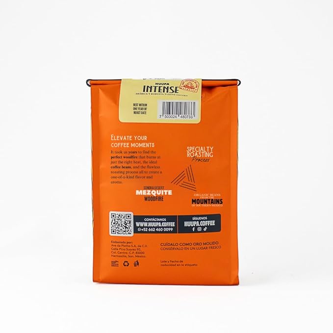 HUUPA Intense Wood-Fired Roasted Coffee 100% Arabica and Robusta Blend High Caffeine Dark Roast Whole Bean Intense 16 oz