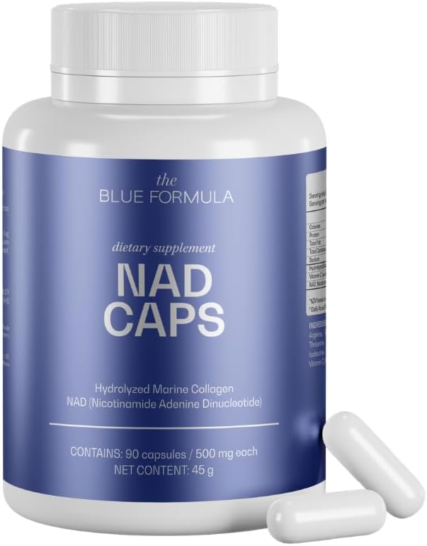 NAD Caps - NAD (Nicotinamide Adenine Dinucleotide) + Hydrolyzed Marine Collagen - Daily Supplement - 90 Capsules 500 mg Each - Unflavored