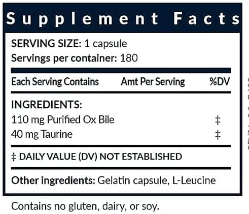 Bile Salts Booster | Supports Gallbladder/No Gallbladder | Ox Bile &amp Taurine Gallbladder Supplement | Gas &amp Bloating | Digestive Aid Especially fats | 180 Capsules - 110 mg