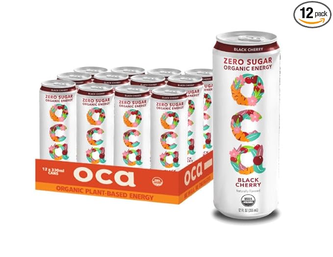 OCA ZERO Black Cherry Organic energy drink zero sugar gluten-free vegan plant-based 12 Fl Oz (12-pack)