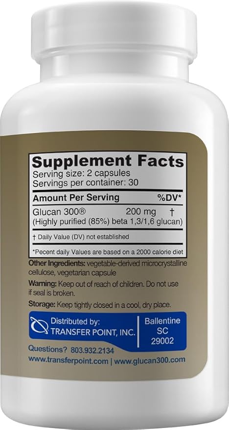 Transfer Point Yeast-Derived Beta 13D Glucan (13/16 B-Glucans) 200mg Minimum 85% Beta Glucan Content Non-GMO Vegetarian All-Natural Immune Support 60 Capsules
