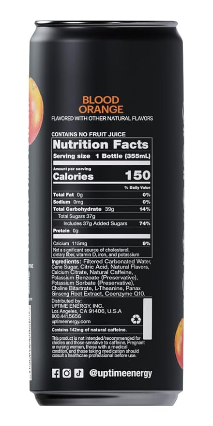 UPTIME Energy Drink Blood Orange Cane Sugar 12 Pack Vitamin C L Theanine Calcium Energy Drinks for Focus Support 142mg of Natural Caffeine per Serving Clean Natural Non GMO 12 fl oz Cans