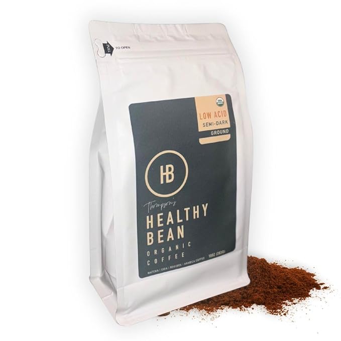 Healthy Bean Organic Low Acid Coffee Ground - USDA Organic Mold-Free Superfood Infused Clean and Healthy - Low Acid for Sensitive Stomachs - Semi-Dark Roast Ground Coffee 10oz (1-Pack)