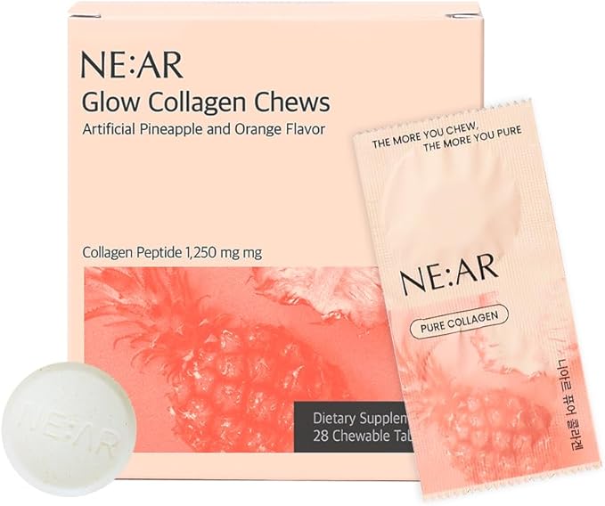 NE:AR Glow Collagen Chews – 2 500mg Peptides with Hyaluronic Acid &amp Vitamin C Tasty Easy Daily Support for Skin Hair Nails Pineapple Flavor