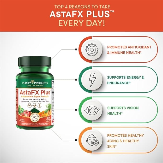 Purity Products AstaFX Plus - Astaxanthin Super Formula - 30 Day Supply from Supports Endurance - Promotes Healthy Skin - Supports Visual Health - Up to 6000 Times More Powerful Than Vitamin C