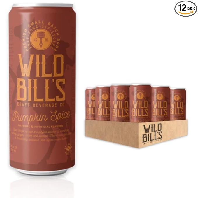 Wild Bill's Pumpkin Spice Soda Classic Craft Soda Pop Soft Drinks Sodas Made with Pure Cane Sugar Caffeine Free NO High Fructose Corn Syrup Gluten Free Vegan Low Sodium 12 Oz 12 Pack