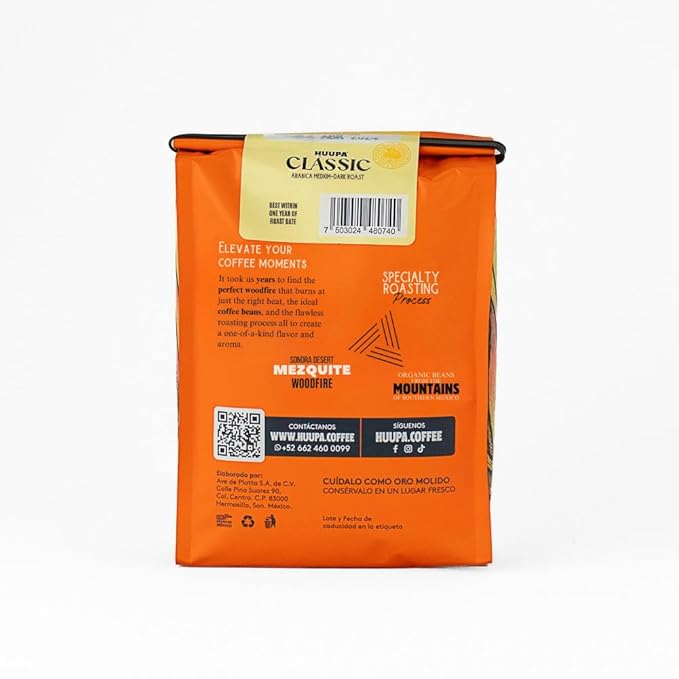HUUPA Classic Wood-Fired Roasted Coffee 100% Organic Arabica Beans Medium-Dark Roast Whole Bean Classic 16 oz