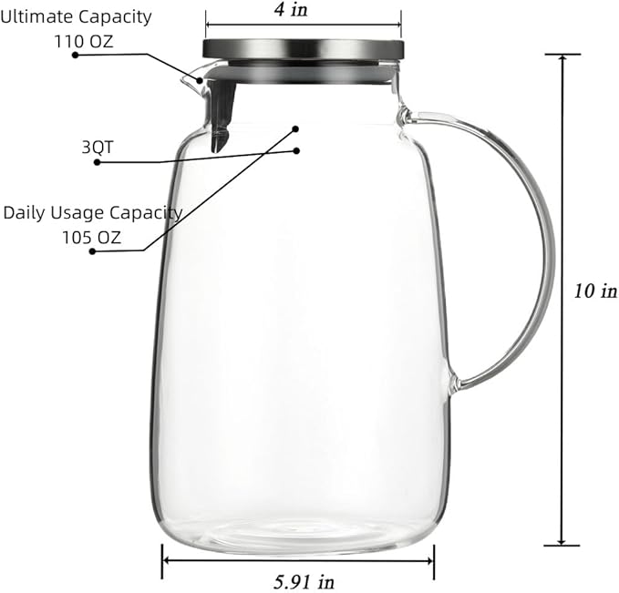 Purefold Glass Pitcher 105 oz Water Pitcher with Lid Heat Resistant Borosilicate Jug for Iced Tea Juice Milk Cold or Hot Beverages Large Caliber Easy Clean