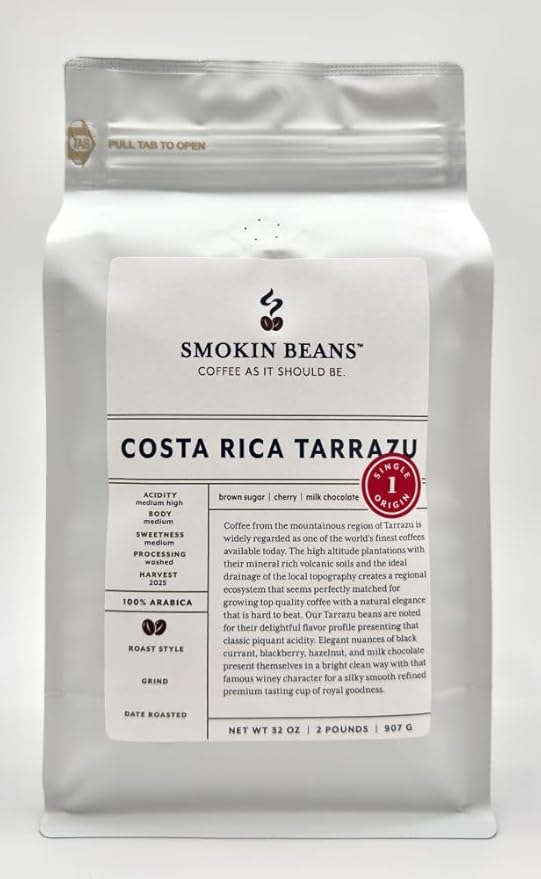 Smokin Beans 2-Pound Costa Rica Tarrazu Freshly Roasted Coffee Washed Processing Medium Roast Premium Whole Bean Specialty Coffee